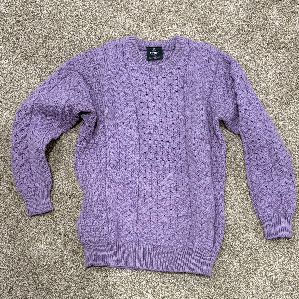 aran Lavender Merino Wool Cable Knit Crewneck Sweater Made in Ireland Size XS